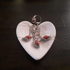 Red Bamboo Coral Necklace.Earrings Ring 8,5 size Silver Plated Set.